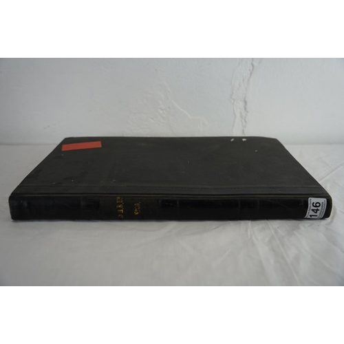 146 - A large antique leather bound ledger, 45cm x 28cm.