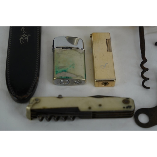 265 - An antique bone handled corkscrew, a vintage Hadson Scorpio lighter,  a vintage Ronson lighter and m... 