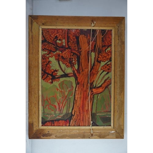 131 - A framed oil painting on board 'Rough Seas' signed M Hasson, with painting of a tree on reserve, mea... 