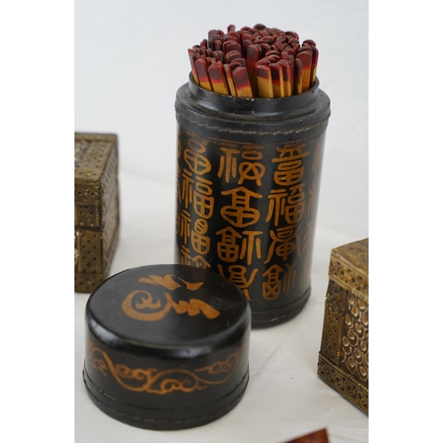 302 - A pair of small wood and metal boxes, a wooden cased set of Oriental fortune sticks and more.