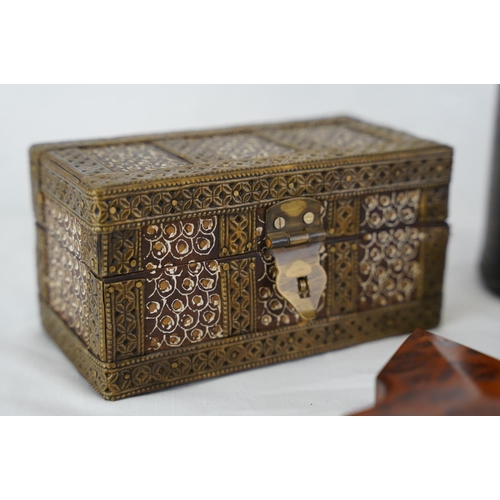 302 - A pair of small wood and metal boxes, a wooden cased set of Oriental fortune sticks and more.