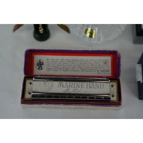 315 - A boxed Cross pen, a boxed Marine Band M Horner harmonica, a Tyrone Crystal pen holder and letter op... 