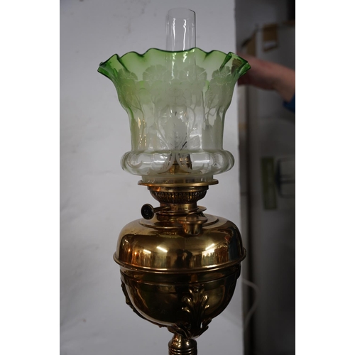 340 - A stunning antique copper &  brass standard oil lamp with etched green glass shade (converted to ele... 