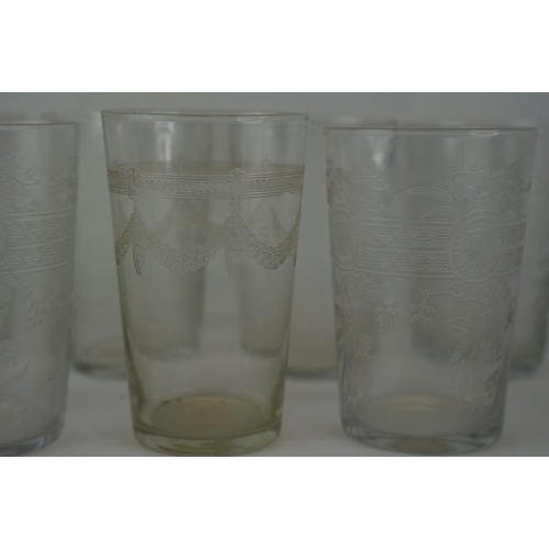 402 - A set of six etched glasses and another.