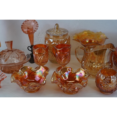 417 - A very large lot of vintage carnival glass ware and  an antique pink glass epergne and three others.