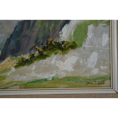 423 - A vintage framed oil on board 'A View of Fairhead, from Ballintoy Harbour' signed John Webb, measuri... 