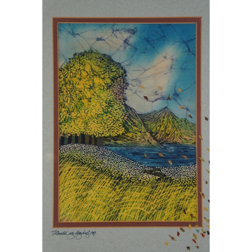 477 - A framed Indonesian dyed fabric panel signed, measuring 42cm x 32cm.