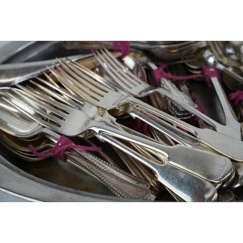 478 - A very large lot of plated cutlery and a metal serving platter.