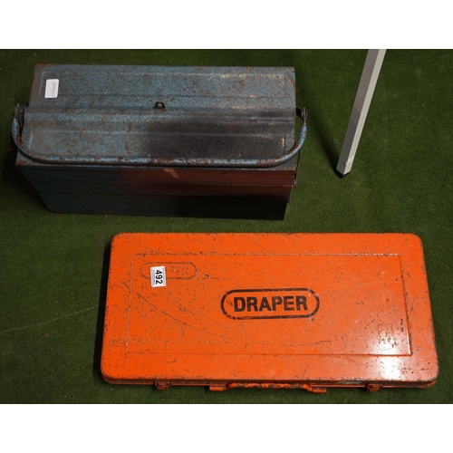 492 - A metal tool box and contents and a Draper socket set.