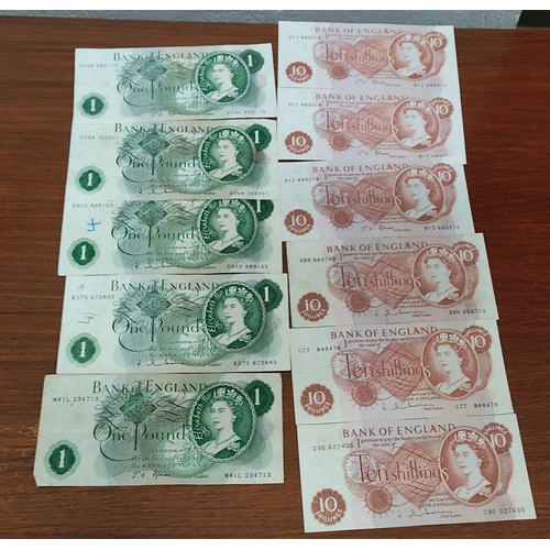 68 - A collection of English banknotes to include 6 £1 notes and 7 10 Shilling notes.