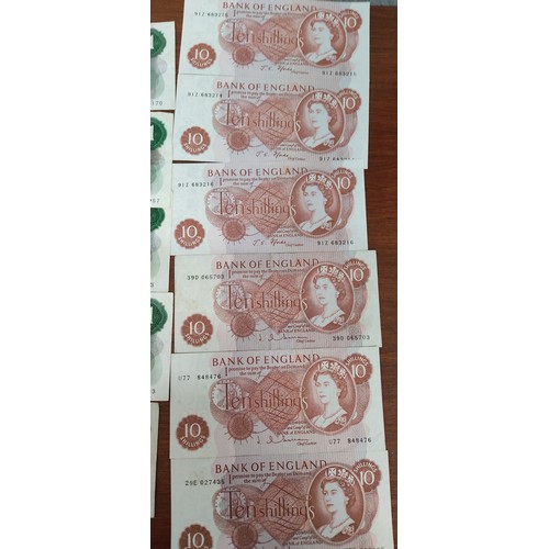 68 - A collection of English banknotes to include 6 £1 notes and 7 10 Shilling notes.