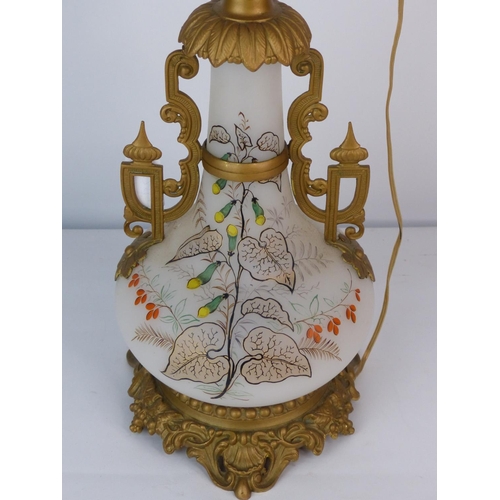 70 - A stunning decorative hand painted glass and gilt metal table lamp base, measuring 52cm.