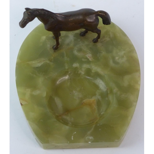 132 - A vintage Connemara marble ashtray with a figure of bronze horse.