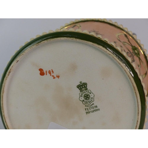 134 - An antique Doulton Burslem biscuit barrel with silver plated lid and handle.