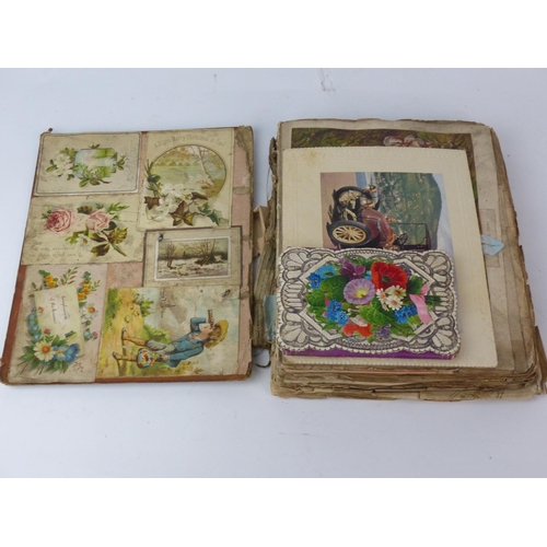 155 - An interesting antique stamp album containing newspaper cuttings dated 1879, colourful pictures, a p... 