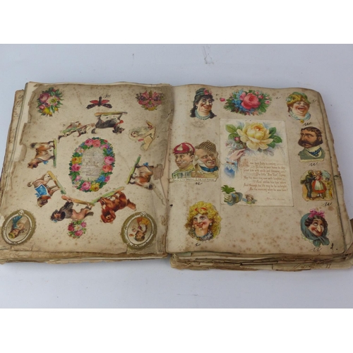 155 - An interesting antique stamp album containing newspaper cuttings dated 1879, colourful pictures, a p... 
