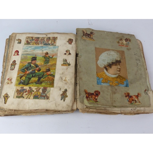 155 - An interesting antique stamp album containing newspaper cuttings dated 1879, colourful pictures, a p... 