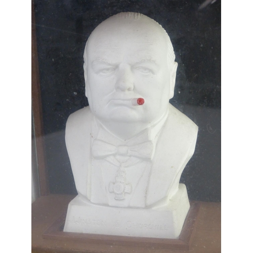 11 - A Parian China bust of Winston Churchill in display case. 19cm tall