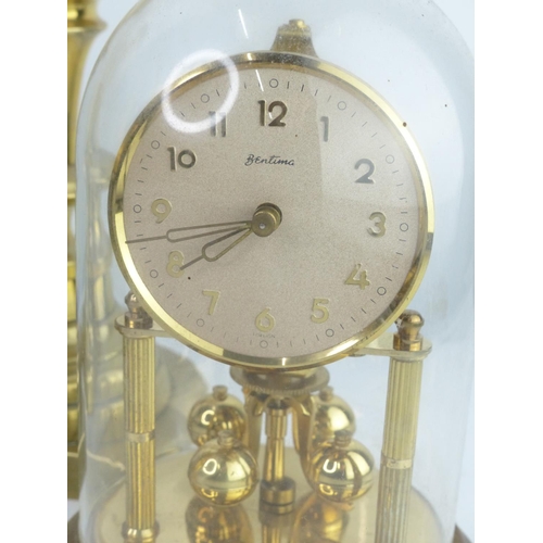 16 - A vintage brass miners lamp, pair of brass candlesticks &  anniversary clock.