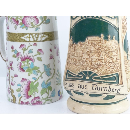17 - A collection of 3 decorative antique jugs & a German beer stein.