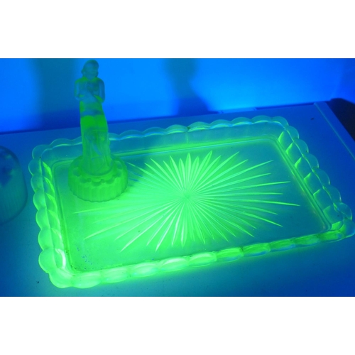 33 - A stunning Uranium glass tray & figure, along with collection of similar glass pieces.