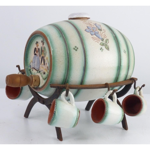 37 - A vintage/ retro barrel liqueur set, modelled as a barrel on stand.