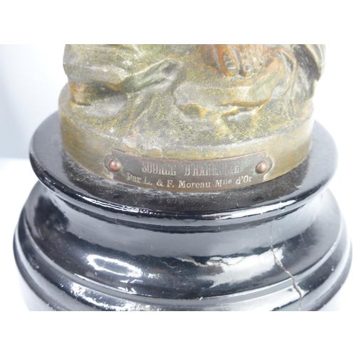 44 - A pair of antique Spelter figures on turned wooden stands.41cm tall