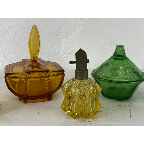 14 - A collection 6 vintage/ antique coloured glass dressing table bottles/ jars.