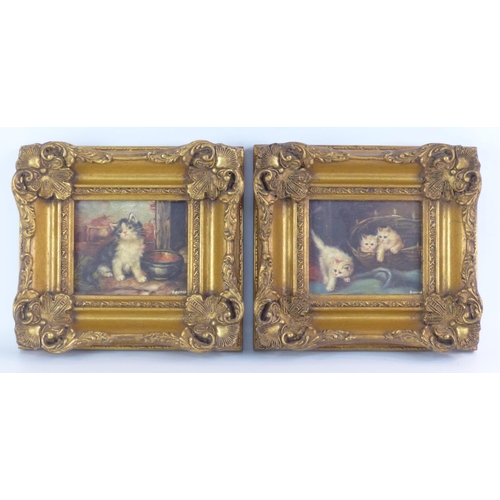 76 - A pair of heavy gilt framed pictures of kittens signed, Reonar, 20cm x 22cm.