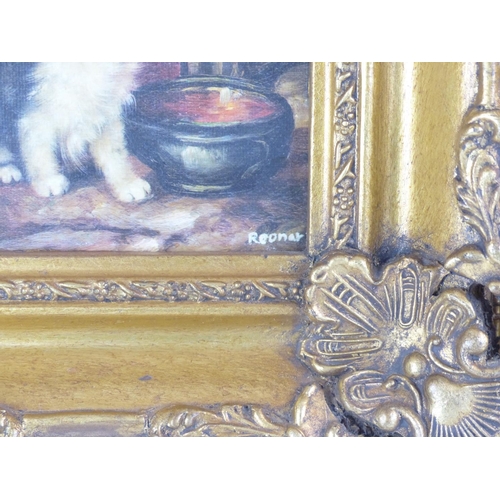 76 - A pair of heavy gilt framed pictures of kittens signed, Reonar, 20cm x 22cm.