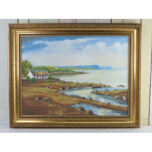 21 - A gilt framed oil painting of a thatched cottage by the Coast, signed by the Artist, J J O'Neill, 60... 