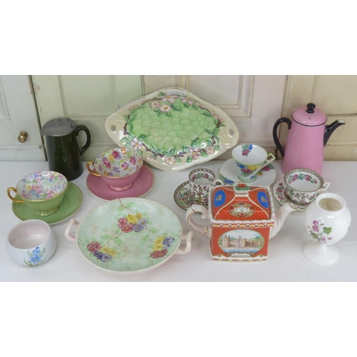 45 - Two Royal Winton cabinet cups and saucers, a Radford England two handled bowl, a Maling lustre ware ... 