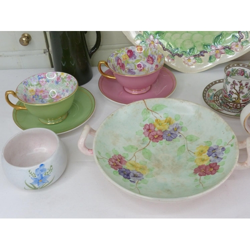 45 - Two Royal Winton cabinet cups and saucers, a Radford England two handled bowl, a Maling lustre ware ... 