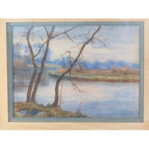 57 - A framed watercolour of a river scene, signed H R Lilley, measuring 58cm x 49cm.