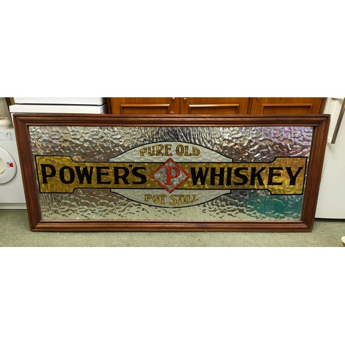 A stunning extra large advertising pub sign, for 'Pure Gold Powers Whiskey Pot Still', reverse painted on a rippled effect silvered glass, in original 'Property of John Powers & Son' mahogany frame, measuring 83cm x 203cm.