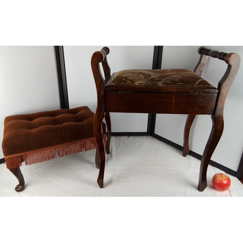 112 - A mahogany piano stool and a button-tufted footstool.