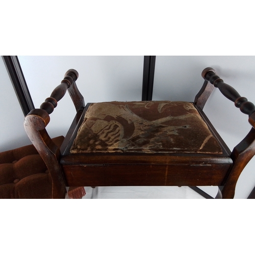 112 - A mahogany piano stool and a button-tufted footstool.