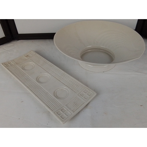 120 - Two Belleek Living pieces comprising an ivory-glazed pedestal bowl and a rectangular tealight holder... 