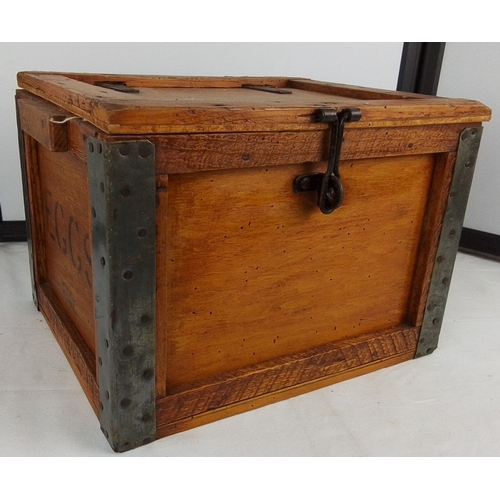 152 - An early 20th century EGGS merchant’s wooden transit crate, with iron corner straps and hasp fastene... 