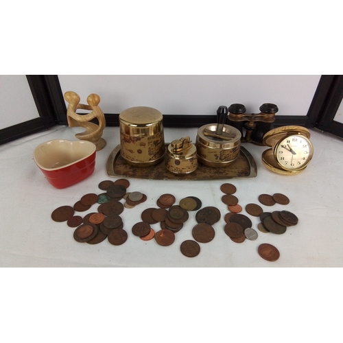 179 - Group of vintage desk and decorative items, comprising a gilt-metal world-map smoking set on tray, a... 