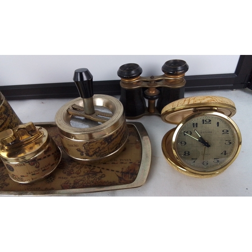 179 - Group of vintage desk and decorative items, comprising a gilt-metal world-map smoking set on tray, a... 