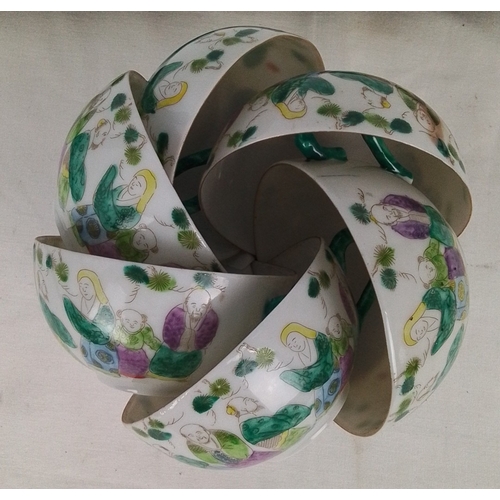 196 - Set of 5 Chinese famille verte style porcelain tea bowls, each decorated with figures and iron-red d... 