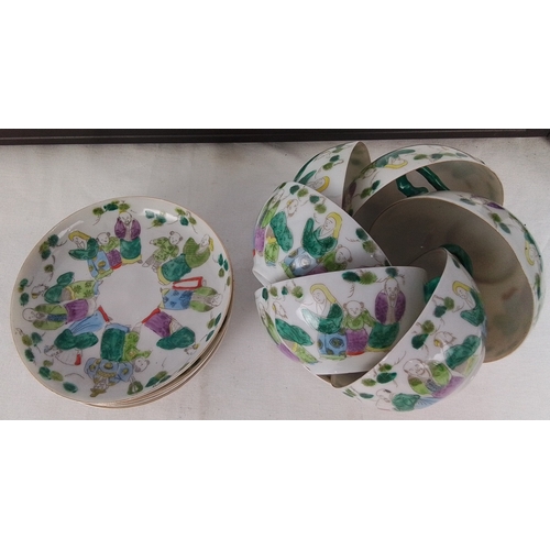 196 - Set of 5 Chinese famille verte style porcelain tea bowls, each decorated with figures and iron-red d... 