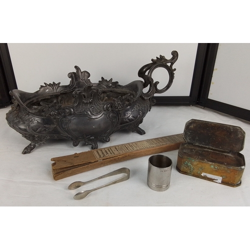 197 - Comprising an ornate pewter two-handled jardinière or centrepiece bowl on scroll feet, a set of sug... 