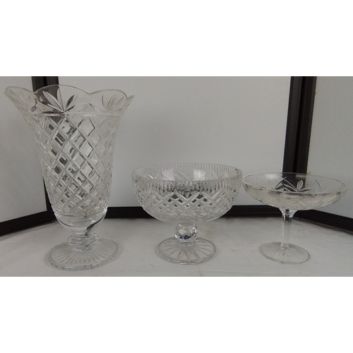 198 - Two Tyrone crystal footed fruit bowl and bon bon dish and another flower cut glass vase.