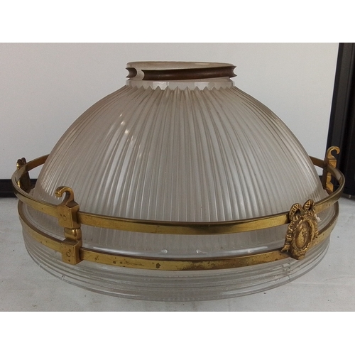 236 - A stunning antique French Holophane 2131 pendant light fitting with brass detail & glass bowl, 30cm ... 