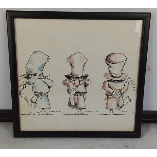 246 - A framed colour cartoon print depicting three stylised figures in top hats, after an Edward Gorey il... 