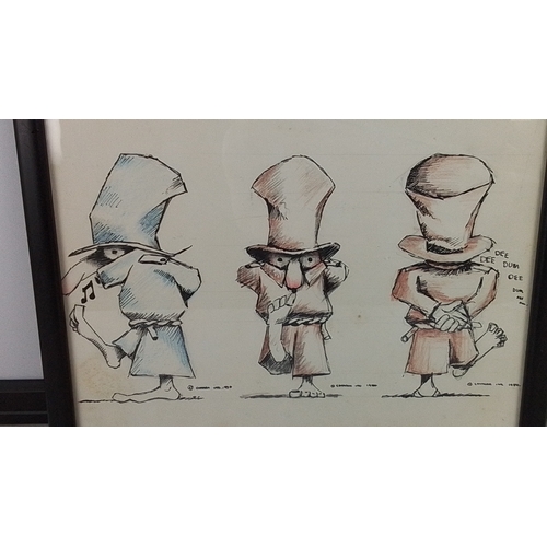 246 - A framed colour cartoon print depicting three stylised figures in top hats, after an Edward Gorey il... 