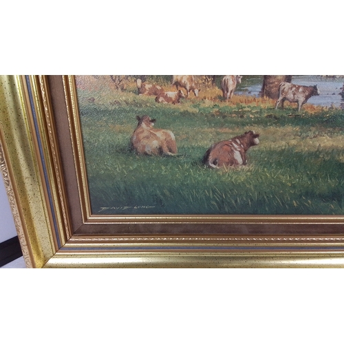 262 - A print of a landscape depicting cattle grazing beside a river with a multi-arched stone bridge and ... 