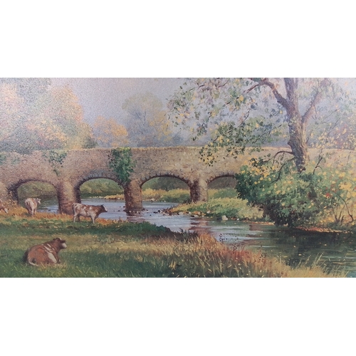 262 - A print of a landscape depicting cattle grazing beside a river with a multi-arched stone bridge and ... 